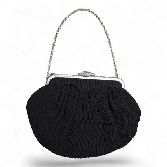 La Marquise Handbags - Vintage La Marquise Pleated Evening Bag Black w/ Silver Frame Kiss Lock 40s EUC